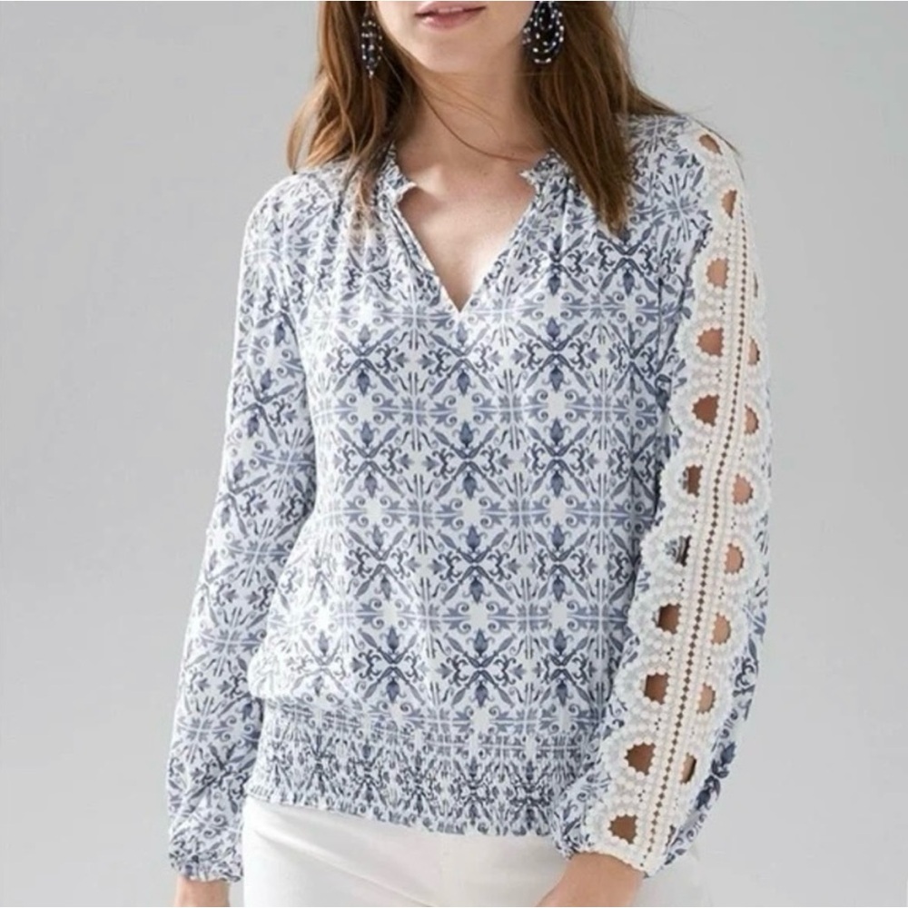 💙White House Black Market Blue and White Embellished Long Sleeve Blouse💙 - Picture 1 of 10